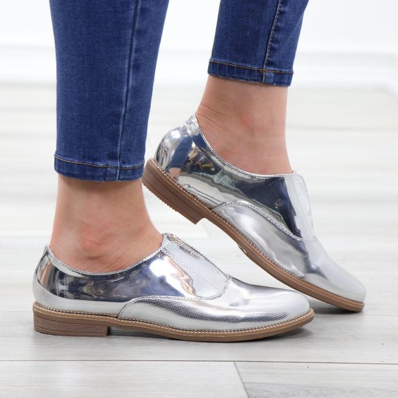 Silver Patent Flat Slip On Oxford Loafers - Picture 4 of 15